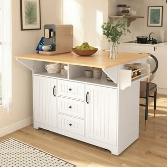 Light Ash Kitchen Island with Woven Rattan Panels & Stone-like Top