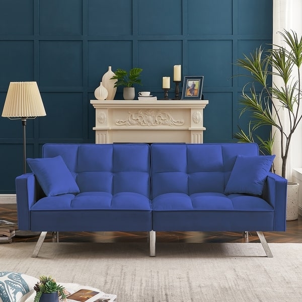 Light Blue Velvet Loveseat with Channel Tufting and Gold-Toned Legs