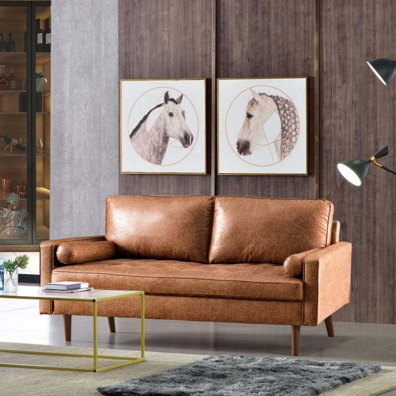 Light Brown Faux Leather Loveseat with Square Arms