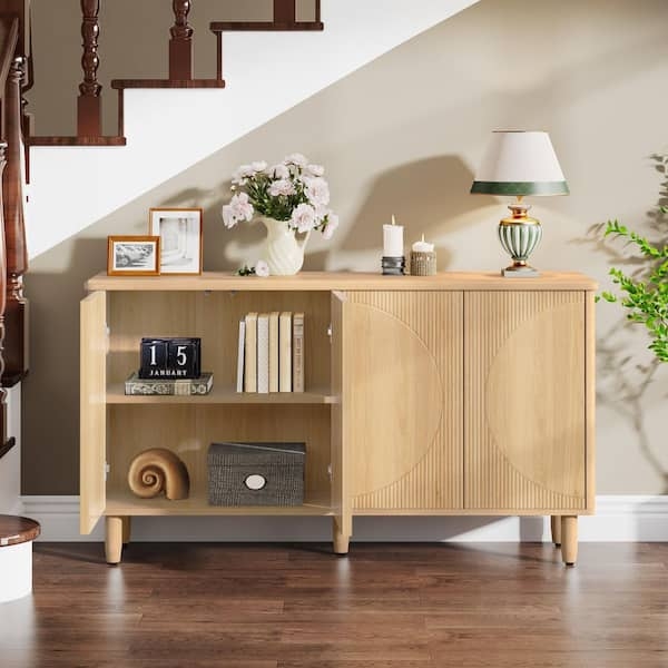 Light Brown Four-Door Buffet Cabinet with Black Bar Pulls