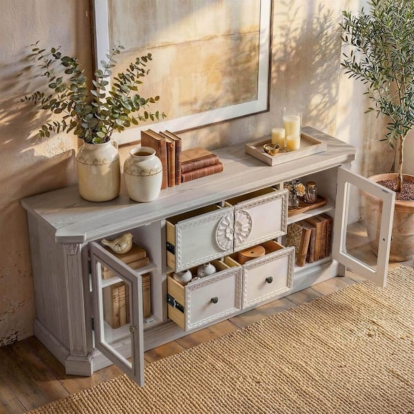 Light Gray Buffet Sideboard with Glass Doors and Drawers