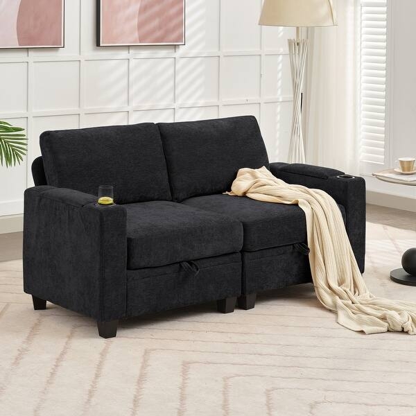 Light Gray Chenille Storage Loveseat with Channel Tufted Back
