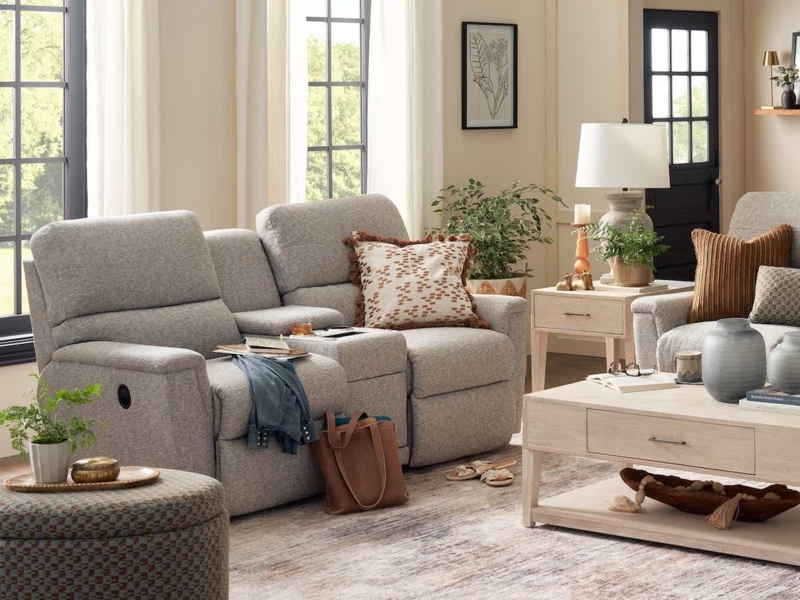 Light Gray Reclining Loveseat with Storage Console & Cup Holders