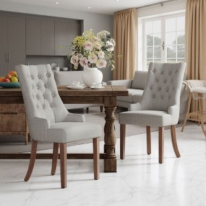 Light Gray Wingback Dining Chairs Diamond Tufted Natural Wood Legs