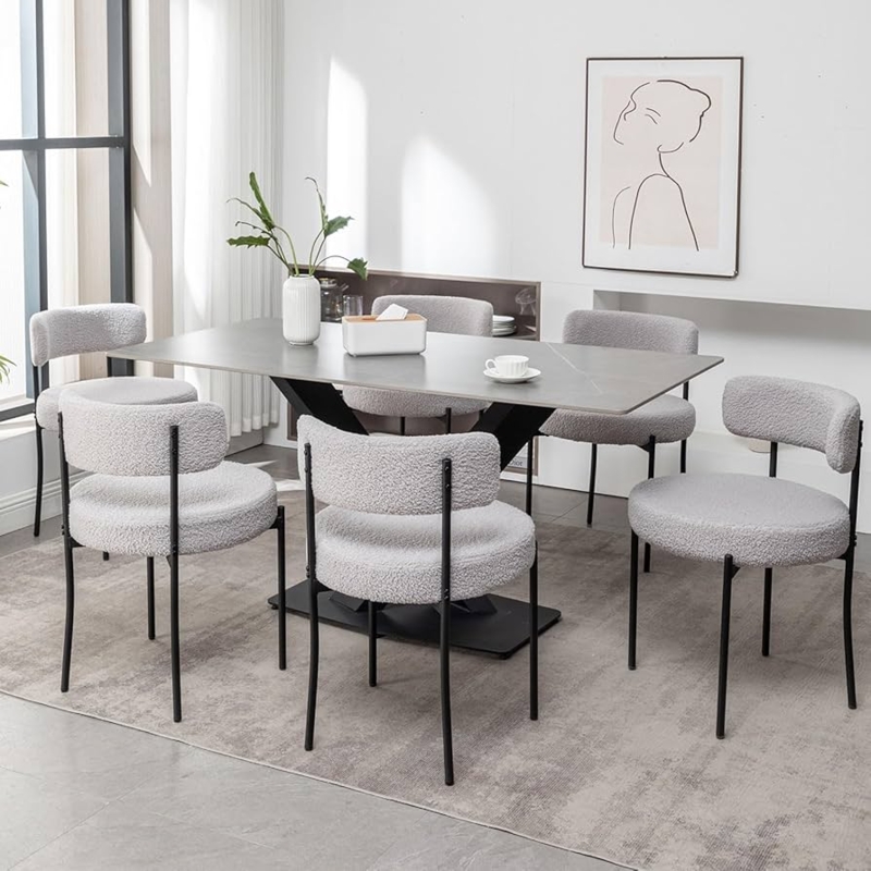 Light Grey Boucle Curved Back Dining Chair with Black Legs