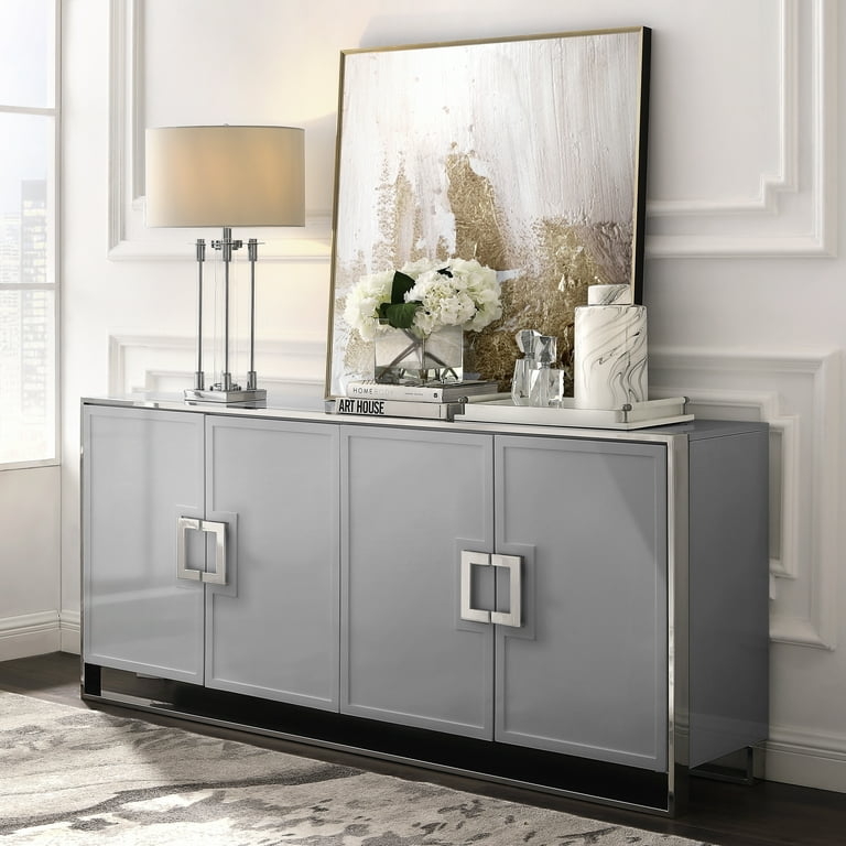 Light Grey Sideboard with Polished Chrome Accents and Metal Handles