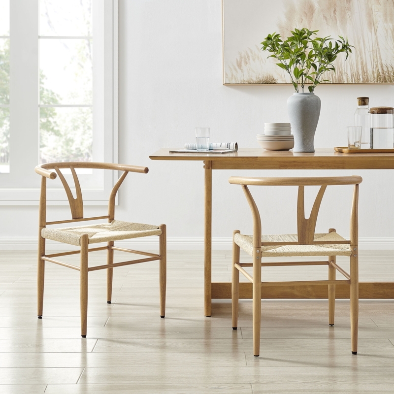 Light Honey Wishbone Dining Chairs with Metal Frame and Woven Rope Seat.