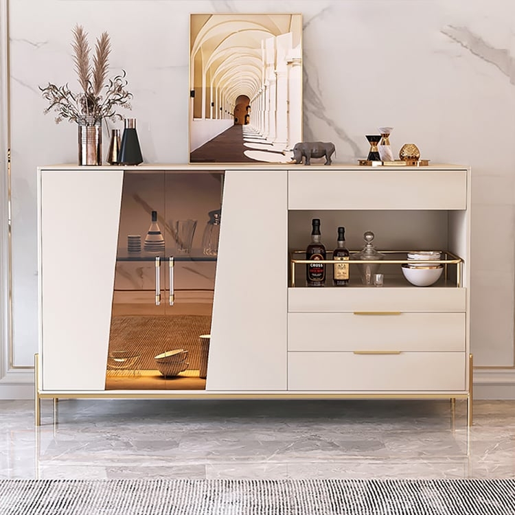 Light Khaki Sideboard with Fluted Glass Doors and Integrated Wine Rack