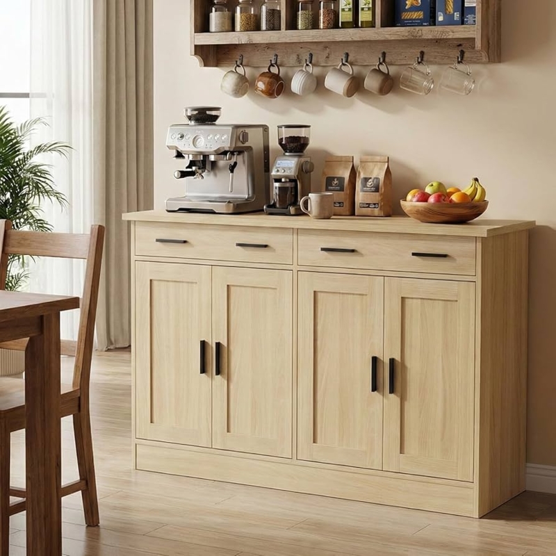 Light Oak Buffet Cabinet with Shaker Panels & Black Pulls