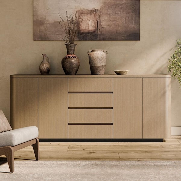 Light Oak Buffet with Rounded Corners, 4 Drawers, and Handleless Doors