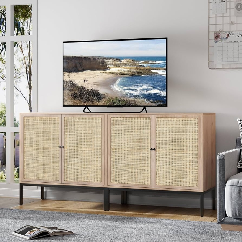 Light Oak Paired Sideboard Units with Rattan Cane Doors