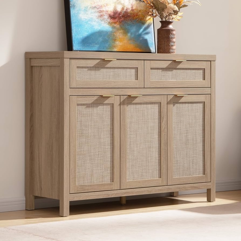 Light Oak Sideboard with Rattan Cane Inlay and Black Metal Base