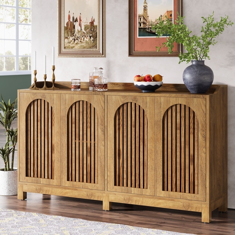 Light Oak Sideboard with Wire Mesh Doors and Black Metal Base