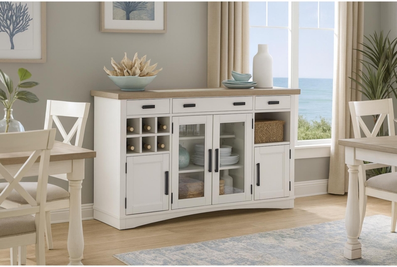Light Wood Buffet with Louvered Doors, Whitewashed Finish