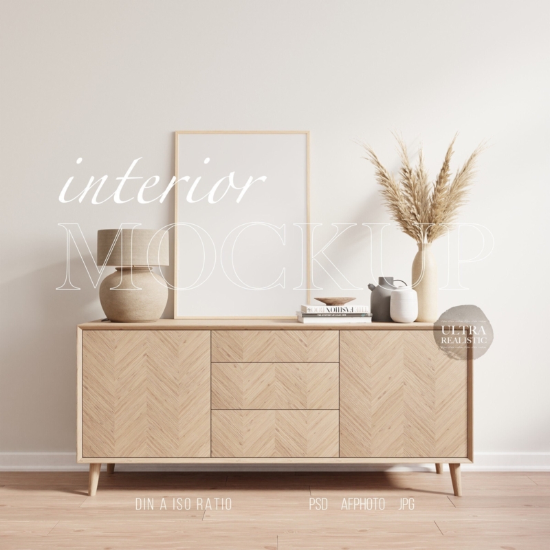 Light Wood Credenza with Gold Knobs and Woven Geometric Panels