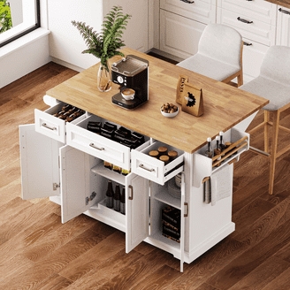 Light Wood Kitchen Island with Woven Cane Panels & Drop Leaf