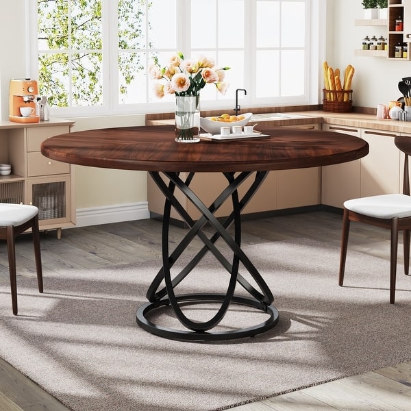 Light Wood Round Dining Table with Metal X-Base Pedestal