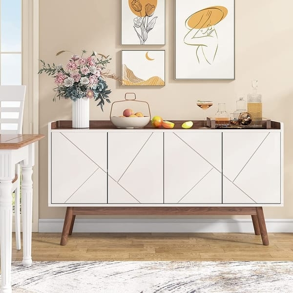 Light Wood Sideboard with Chevron Doors and Black Metal Legs