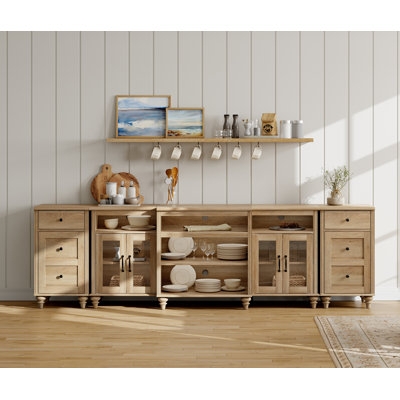 Light Wood Sideboard with Windowpane Glass Doors and Storage Drawers
