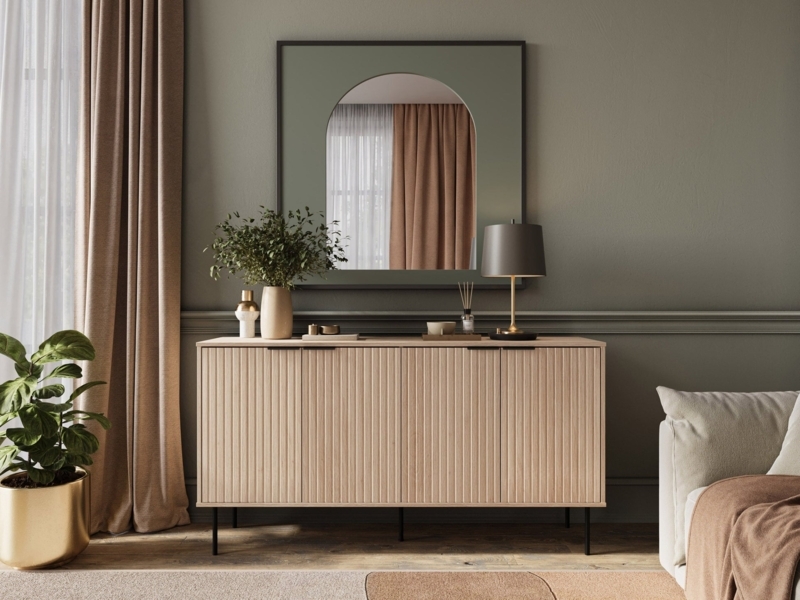 Light Wood Sideboard with Woven Cane Door Panels and Tapered Legs