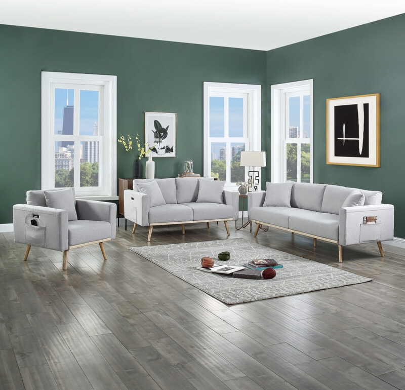Linen-Like Living Room Set with USB Ports and Side Storage Pockets