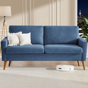 Linen-Look Navy Blue Loveseat with Mid-Century Tapered Wood Legs