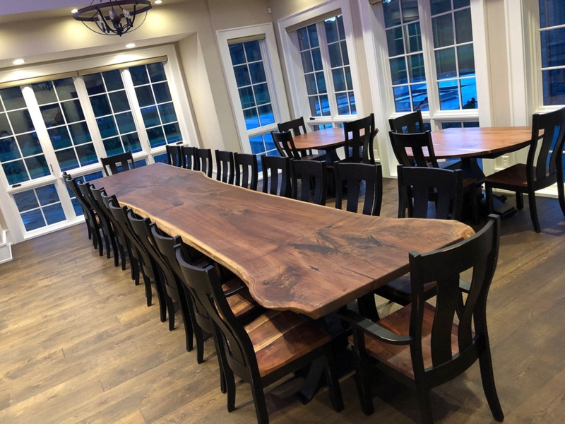 Live Edge Dining Set Twin Pedestal Base with Tufted Chairs