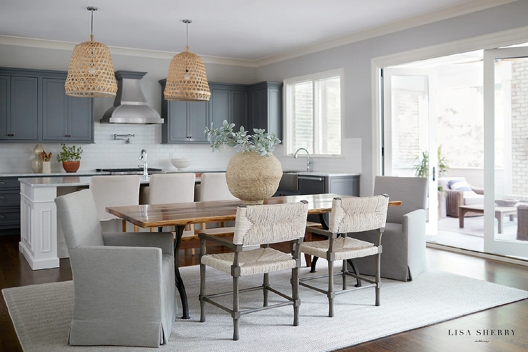 Live Edge Wood Dining Table Slipcovered Captain Chairs Gray Fabric