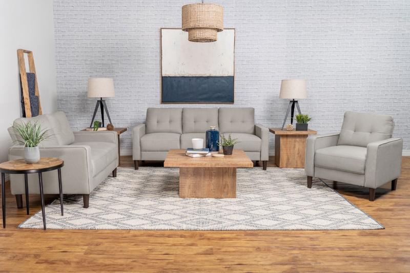 Living Room Set Beige Recessed Track Arms Tapered Legs Accent Pillows