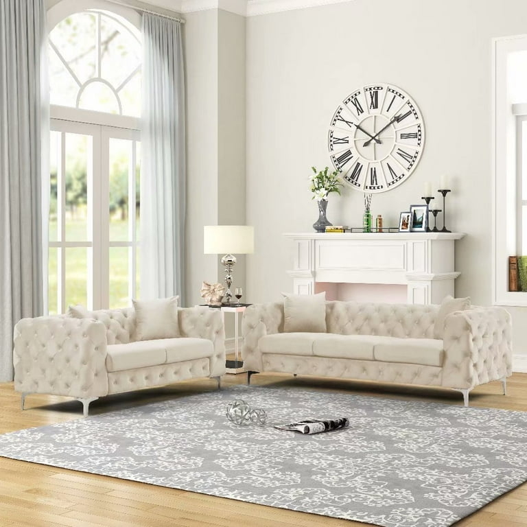Living Room Set Beige Velvet Tuxedo Arms Diamond Tufted Slim Iron Legs