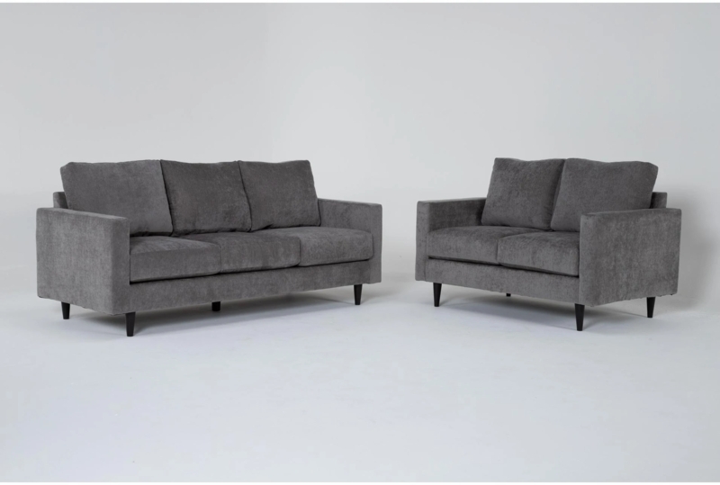 Living Room Set Contemporary Grey Fabric Track Arms Block Feet