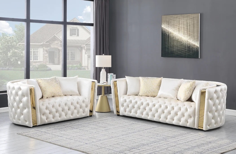 Living Room Set Cream Velvet Ornate Gold Carved Frame Tufted