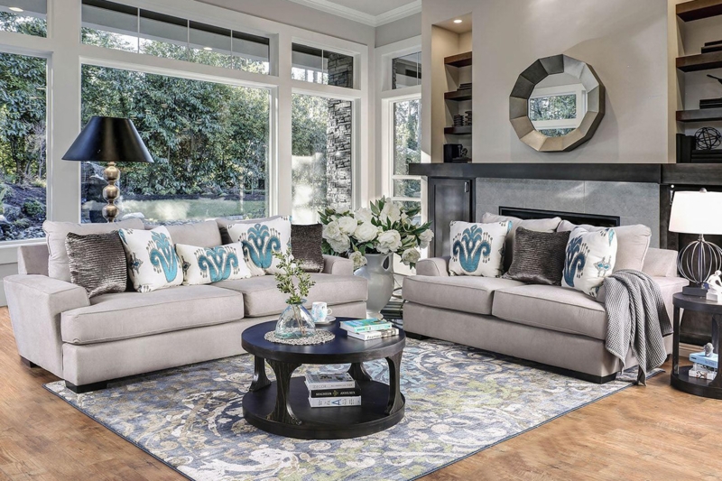Living Room Set Grey Tufted Back Sloped Arms Tapered Legs Transitional