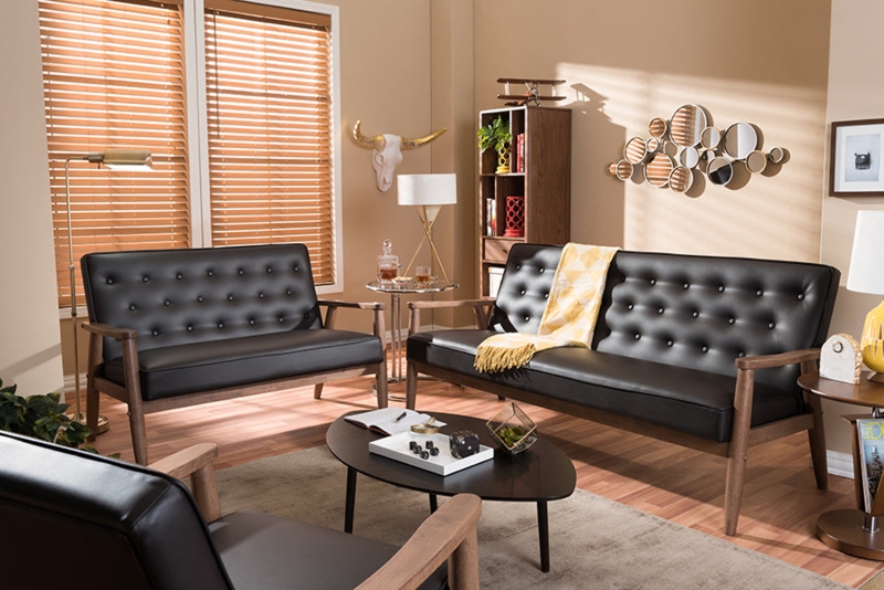 Living Room Set in Dark Brown Faux Leather with Button Tufting