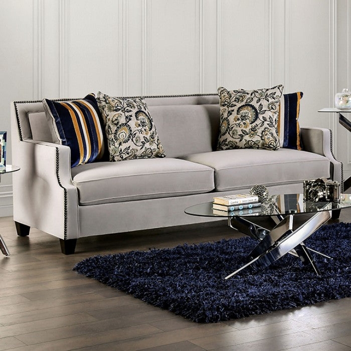 Living Room Set Light Grey Sofa Loveseat Navy Accent Pillows Track Arms