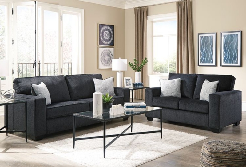 Living Room Set Modern Track Arms Patterned Pillows Charcoal