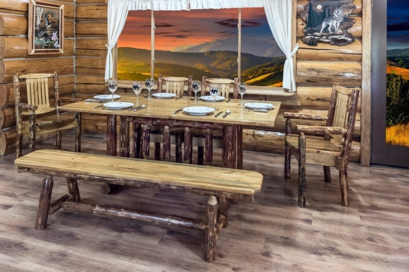 Log Dining Set 6-Piece with Bench Spindle Back Chairs Pine