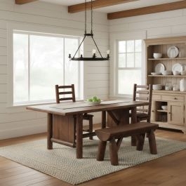 Log Dining Table Rectangular Trestle Stretcher Honey Finish