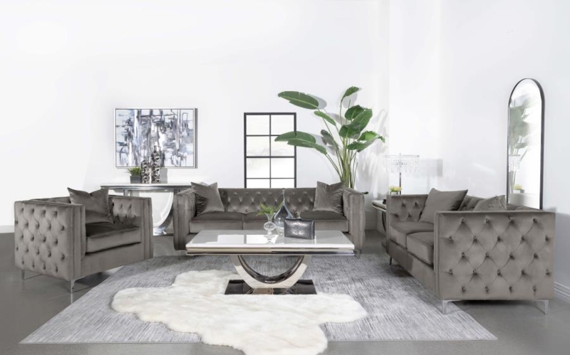 Loveseat All-Over Button Tufted Black Velvet with Gold Legs