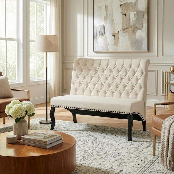 Loveseat Beige Button Tufted Traditional Rolled Arm Settee
