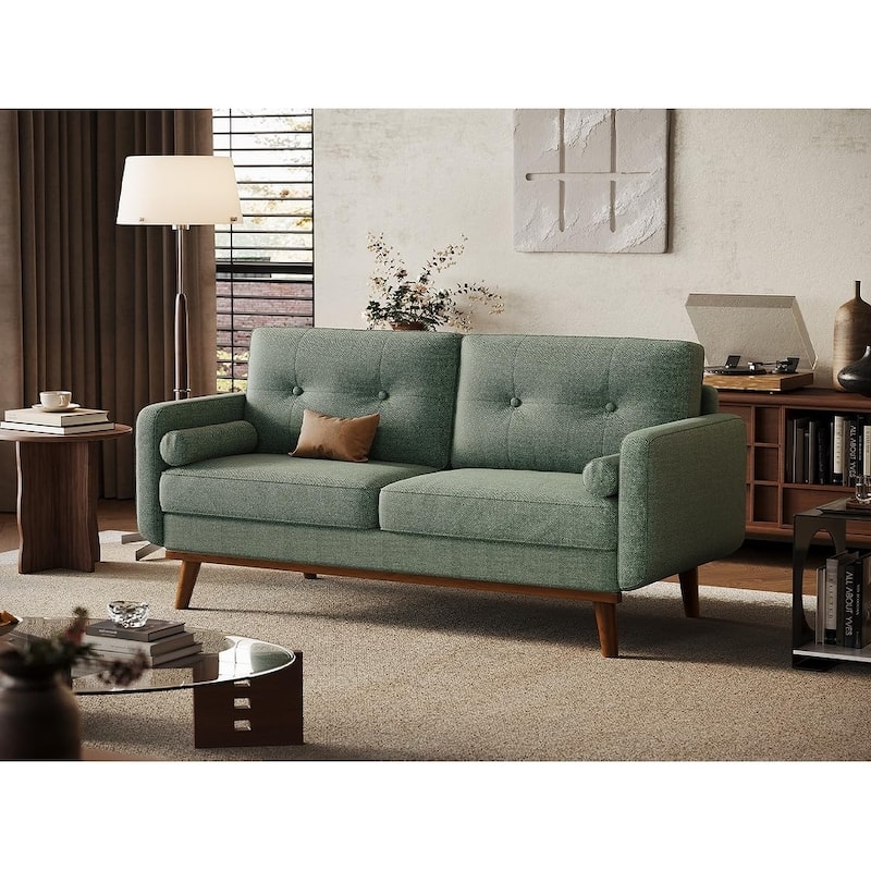 Loveseat Beige Button Tufted with Bolster Pillows Apartment Size Couch (75 characters)