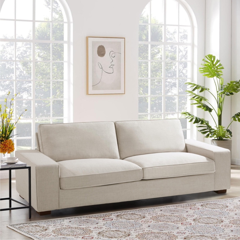 Loveseat Beige Compact Silhouette Tapered Wood Legs Small Space