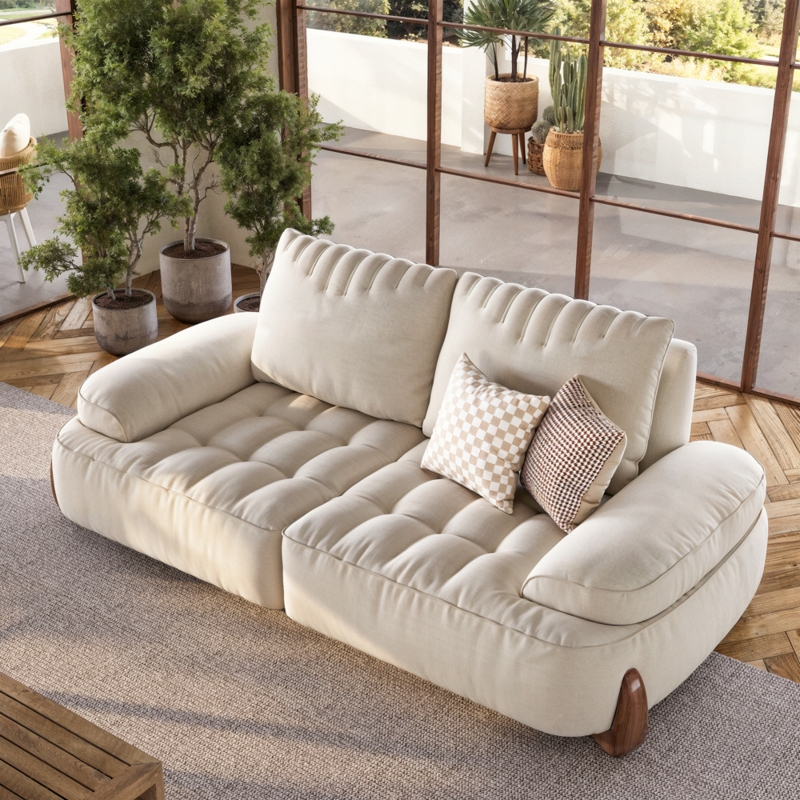 Loveseat Beige Grid Tufting Deep Seating Low Profile Modern