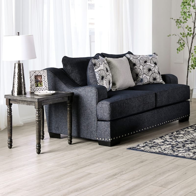 Loveseat Beige Linen Like Rolled Arms Nailhead Trim Patterned Pillows