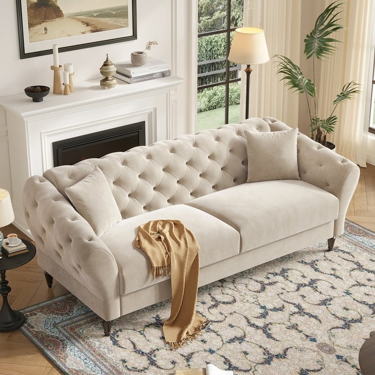 Loveseat Beige Velvet Button Tufted Gold Capped Legs