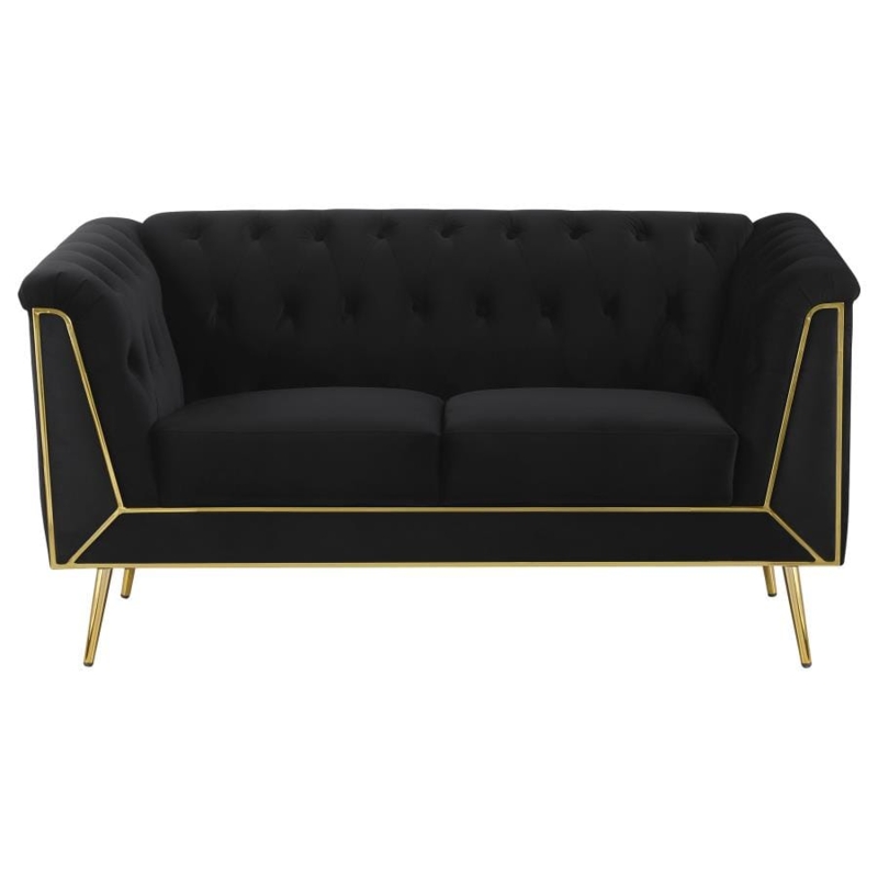 Loveseat Black Fabric Diamond Tufted with Dark Wood Flared Legs