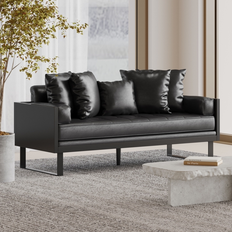 Loveseat Black Faux Leather with Bolster Pillows and Gold Legs