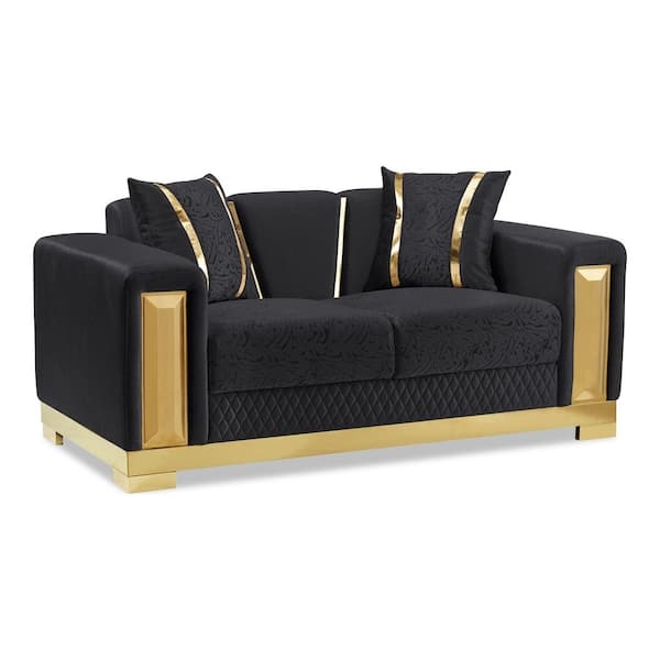 Loveseat Black Gold Floral Pattern Curved Track Arms Tight Back