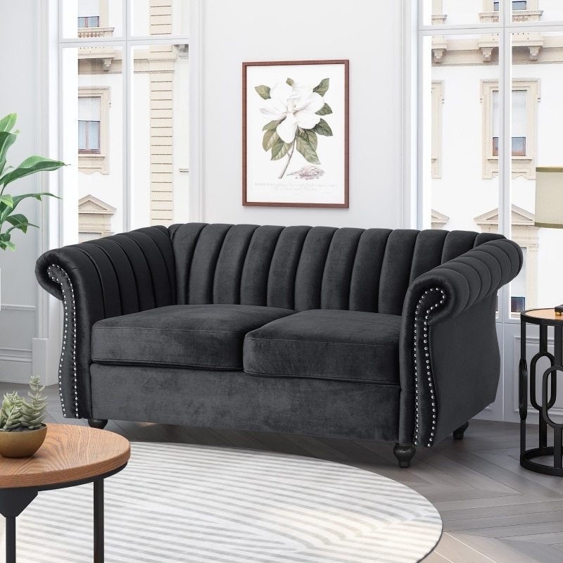 Loveseat Black Velvet Button Tufted Wingback Gold Tapered Legs
