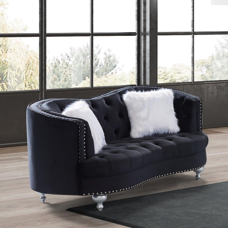 Loveseat Black Velvet Button Tufted with Acrylic Legs and Silver Trim